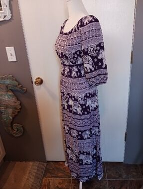 Kathmandu Imports Purple Elephant Maxi Dress Free Size Shirred Waist Lightweight